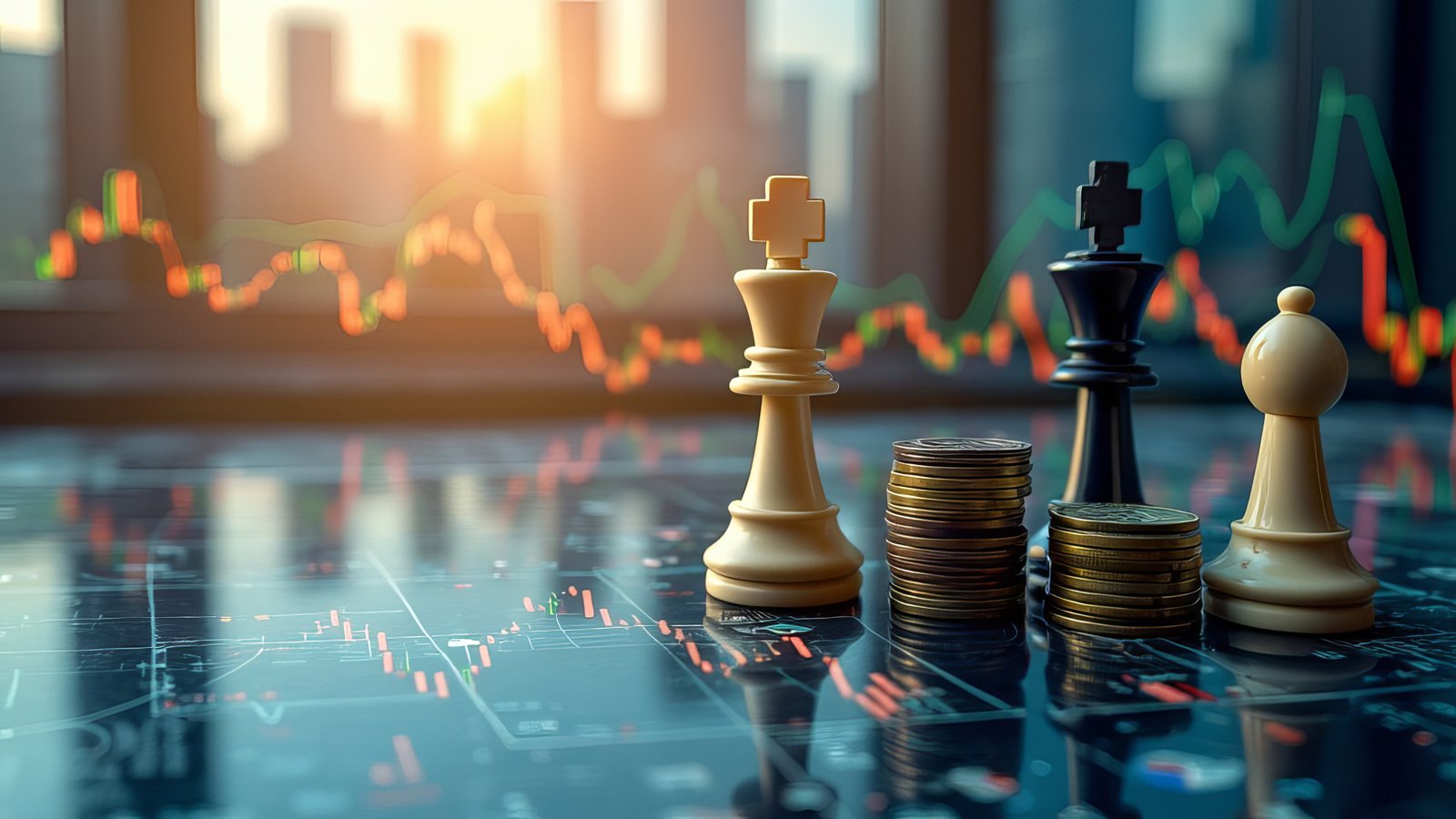 Chess king and pawn with coin stacks on a glass table, a trading chart and city skyline behind